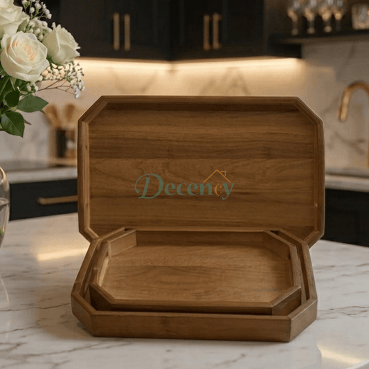 Luxury Wooden Octagonal Serving Tray Set  ( Brown )