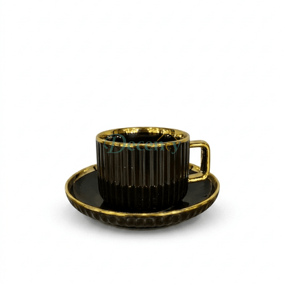 6 Pcs Luxury Black & Gold Ribbed Ceramic Coffee Cup with Saucer