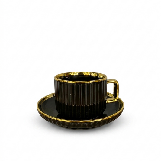6 Pcs Luxury Black & Gold Ribbed Ceramic Coffee Cup with Saucer