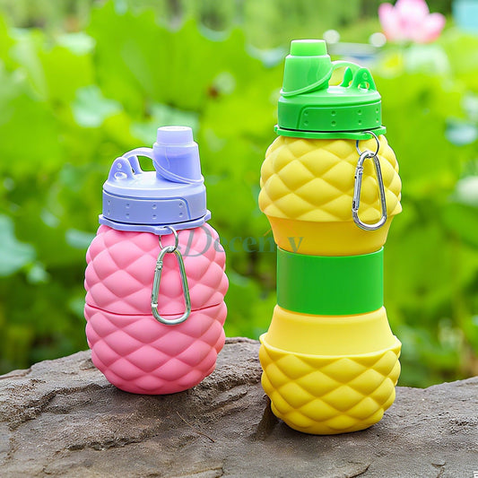 collapsible water bottle, silicone travel bottle, pineapple water bottle, BPA-free bottle, foldable drinking bottle, kids travel water bottle, eco-friendly hydration, 700ml reusable bottle