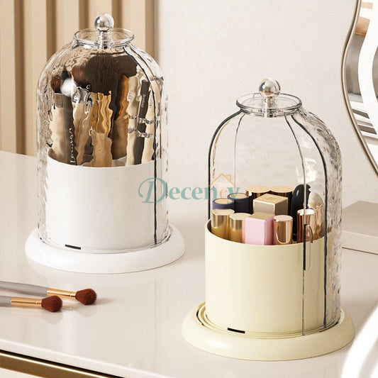 rotating makeup organizer, dust-proof brush holder, 360 makeup storage box, GlamSpin makeup organizer, vanity brush holder with lid, makeup brush container, compact beauty organizer