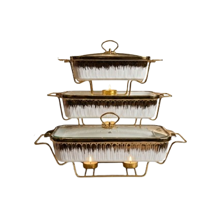 3 Pcs Luxury Ceramic Buffet Dish Set with Golden Stand & Lid ( 1 )