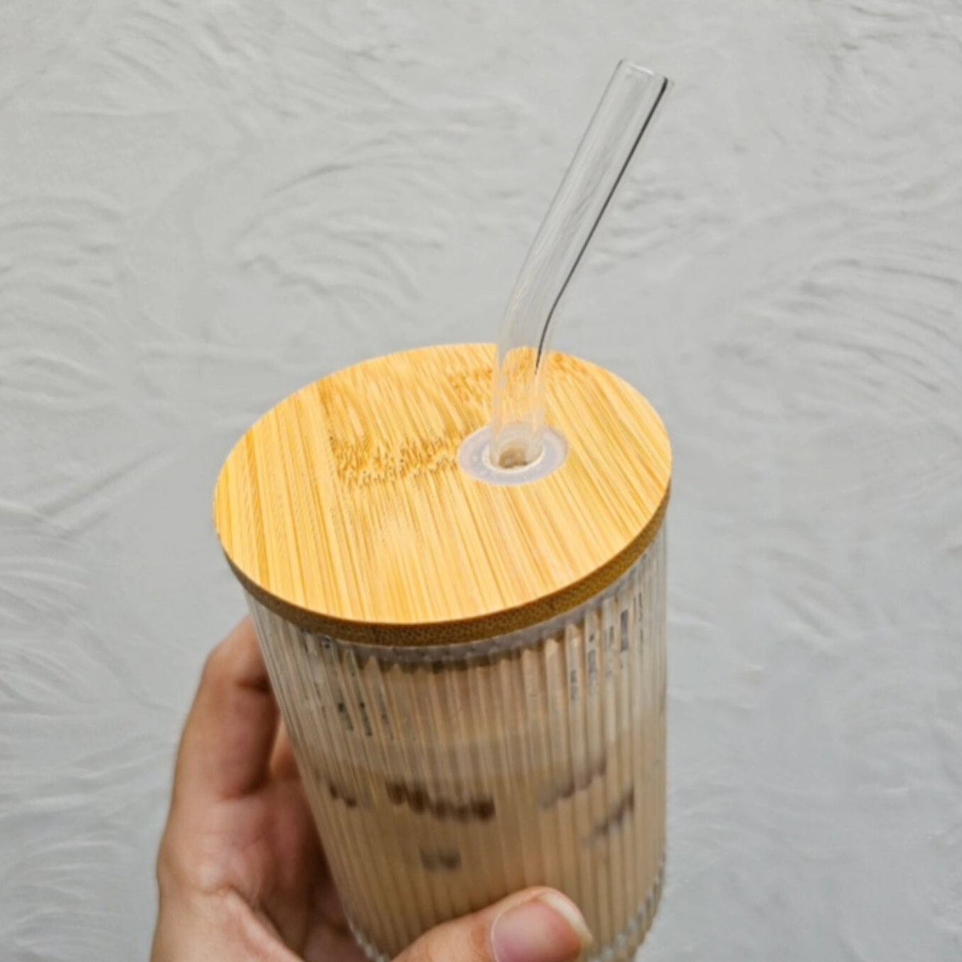 Ribbed Glass with Bamboo Lid and Glass Straw