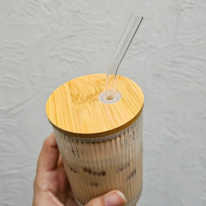 Ribbed Glass with Bamboo Lid and Glass Straw