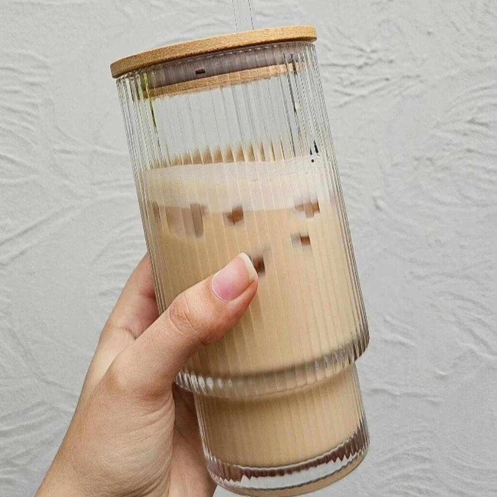 Ribbed Glass with Bamboo Lid and Glass Straw