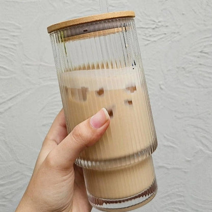 Ribbed Glass with Bamboo Lid and Glass Straw