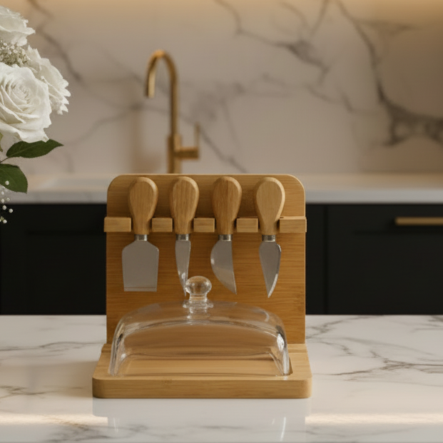 Bamboo Butter Dish with Glass Cover & 4 Butter Knives