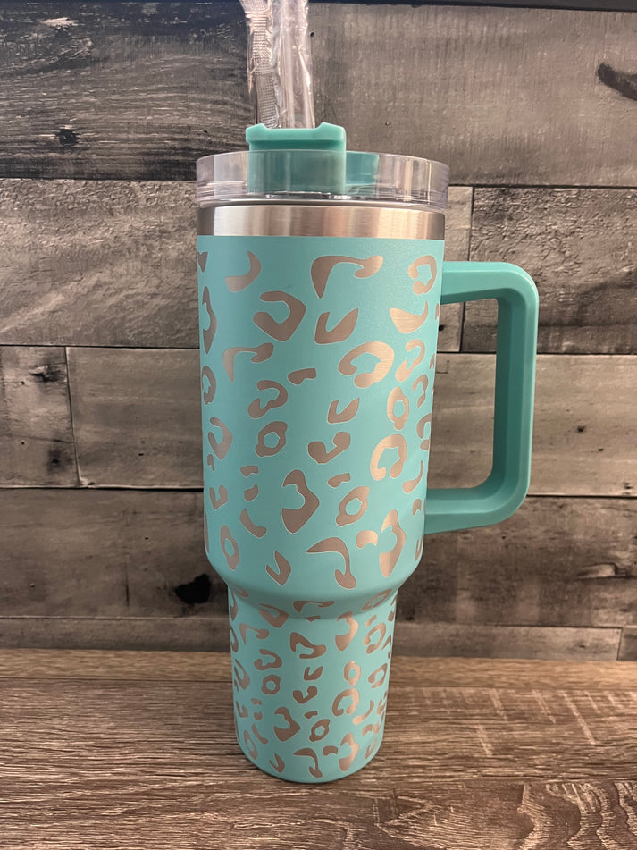 40oz mint Leopard Tumbler with Handle and Straw Lid