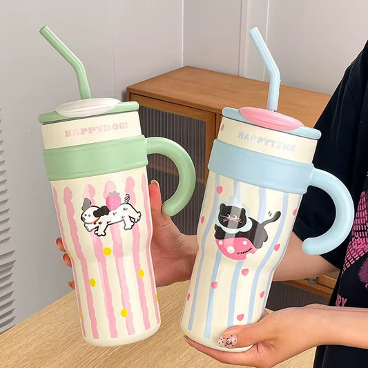 Stainless Steel Tumbler Mug with Straw Handle Water Bottle 1200ml