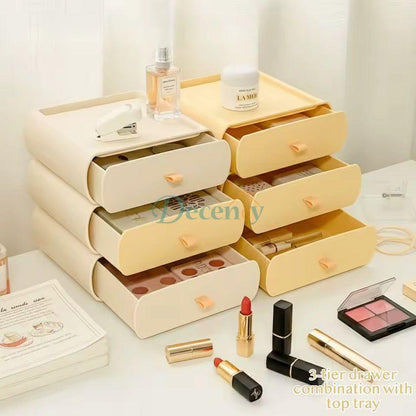 Clear acrylic stackable makeup organizer with two drawers for cosmetic storage on a vanity table in Pakistan