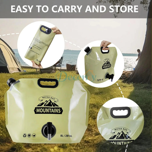 collapsible water storage bag 8L  foldable outdoor water container  camping water storage with faucet  plastic water bag for hiking  BPA-free travel water bag