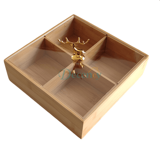 wooden dry fruit serving tray, 4-section snack dish, golden deer centerpiece tray, partitioned serving bowl, luxury wooden snack tray, decorative dry fruit holder