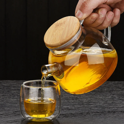 Heat Resistant Glass Tea Infuser Pot With Wooden Cover