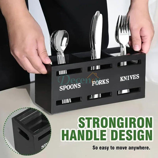 Wooden Utensil Holder With 3 Compartments