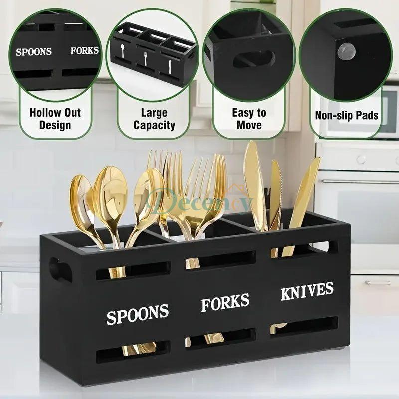 Wooden Utensil Holder With 3 Compartments