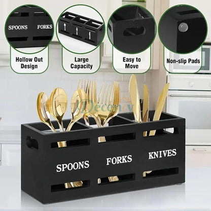 Wooden Utensil Holder With 3 Compartments