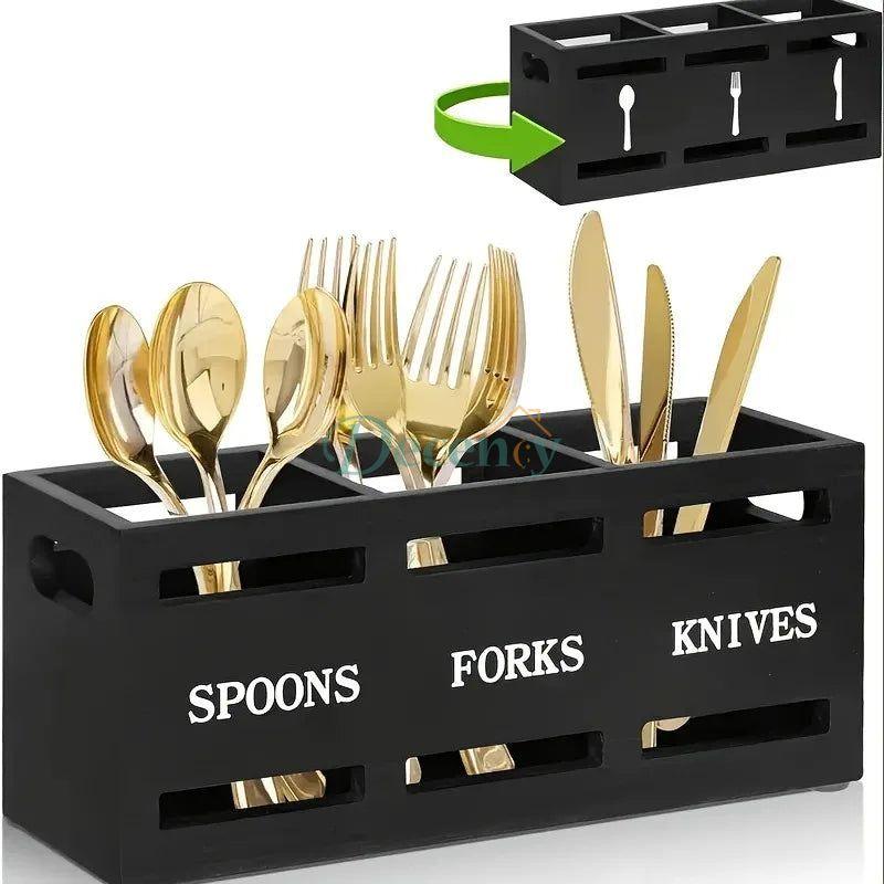 Wooden Utensil Holder With 3 Compartments