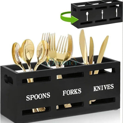 Wooden Utensil Holder With 3 Compartments