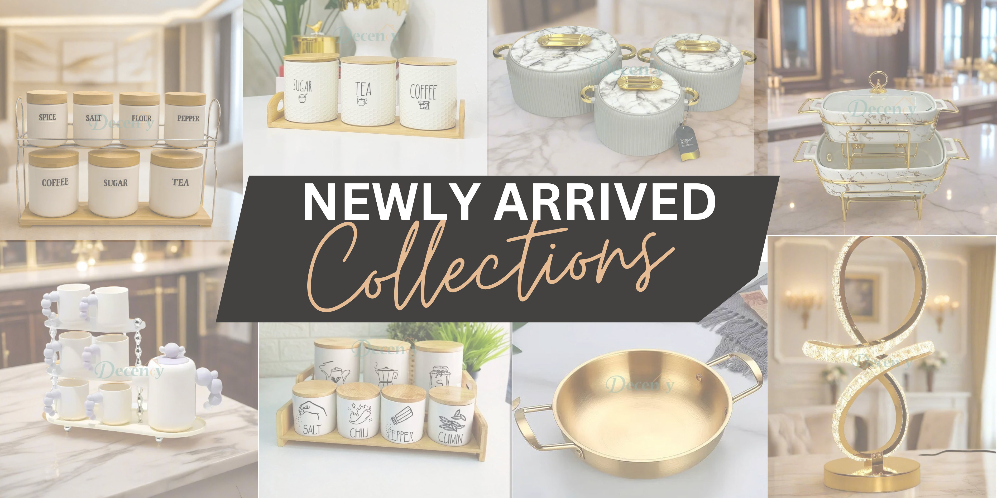 Collage of kitchenware items with 'Newly Arrived Collections' text overlay.

