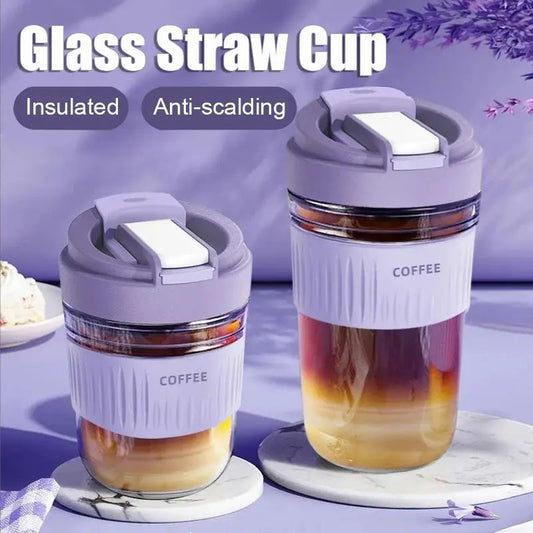 Coffee Glass Mug with Lids and Straws