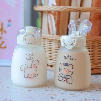 Cartoon Cute Bear Glass Water Bottle with Straw with Strap