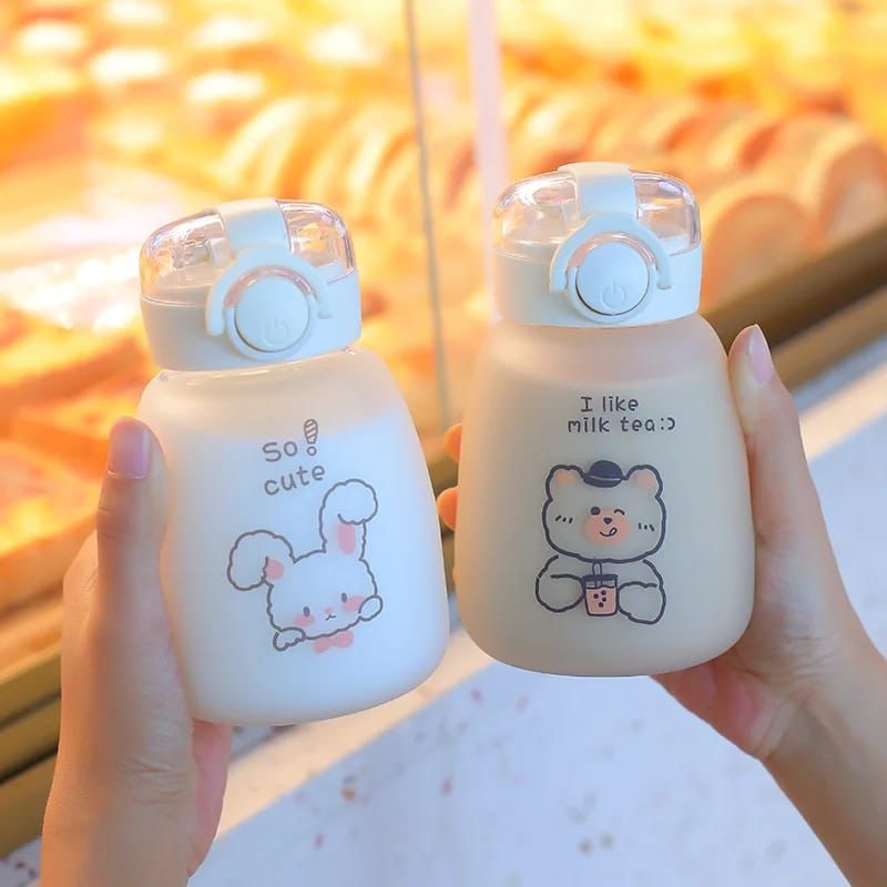 Cartoon Cute Bear Glass Water Bottle with Straw with Strap