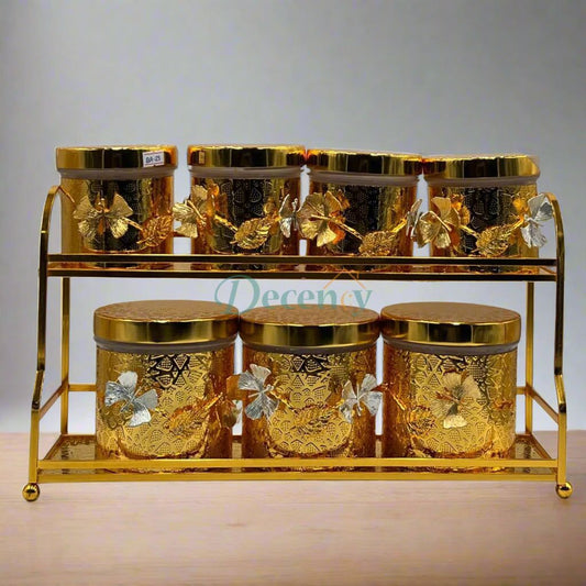 7-piece Gold-Plated Stainless Steel Spice Box Set with Stand