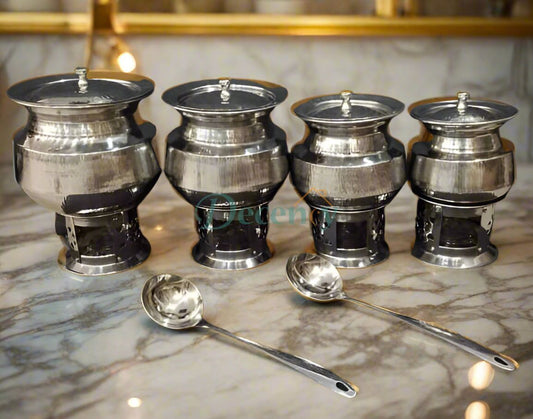 stainless steel daig set with stand  4 piece condiment serving set  daig with serving spoons and holder  stainless steel spice containers set  kitchen condiment organizer set