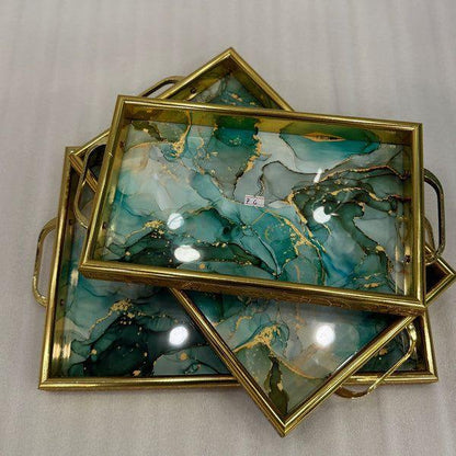 Luxury 3-Piece Green and Gold Abstract/Marble Serving Tray Set