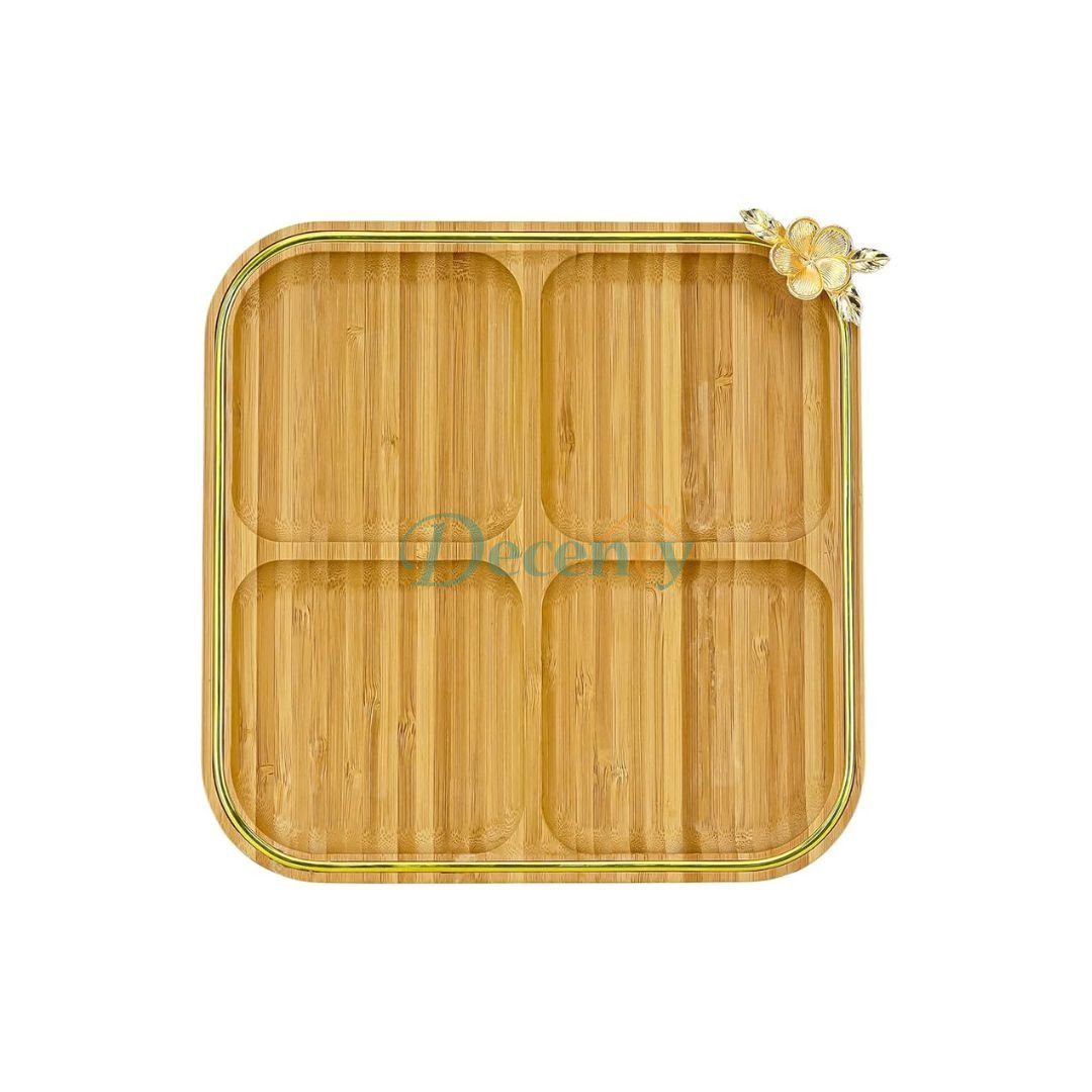 Bamboo Crafted Divider Plate Tray with Beautiful Flower Gold Pendant