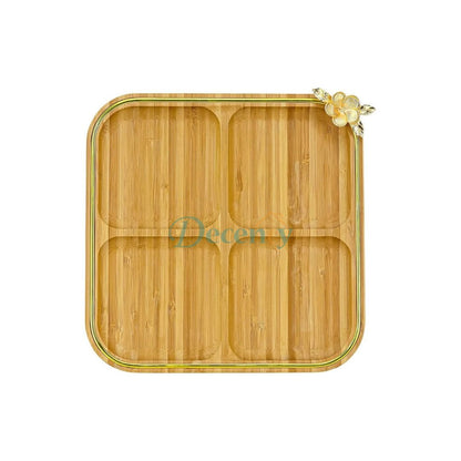 Bamboo Crafted Divider Plate Tray with Beautiful Flower Gold Pendant