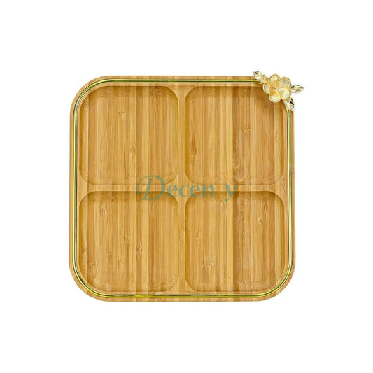 Bamboo Crafted Divider Plate Tray with Beautiful Flower Gold Pendant