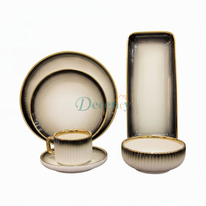 Premium Porcelain Dinner Set with White & Black Shaded and Elegant Self Linning Texture