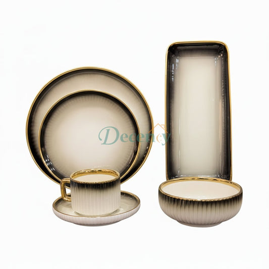 Premium Porcelain Dinner Set with White & Black Shaded and Elegant Self Linning Texture