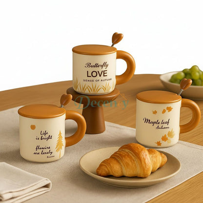 Autumn Vibe Ceramic Cup with Spoon & Lid