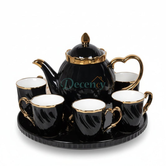 Ceramic Tea Set With Tray  Black-Gold