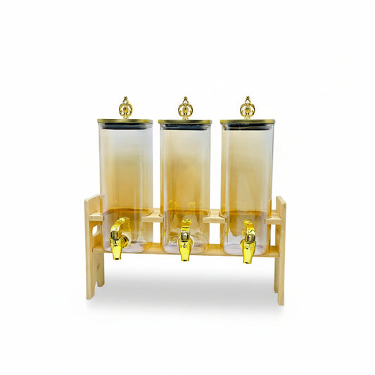 3 In 1  European Style Glass Beverage Dispensers with Wood Stand Gold Color Lid