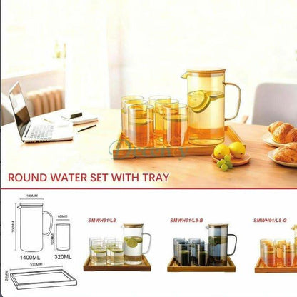 8 Pcs Turkey Glass Water Set with Wooden Tray