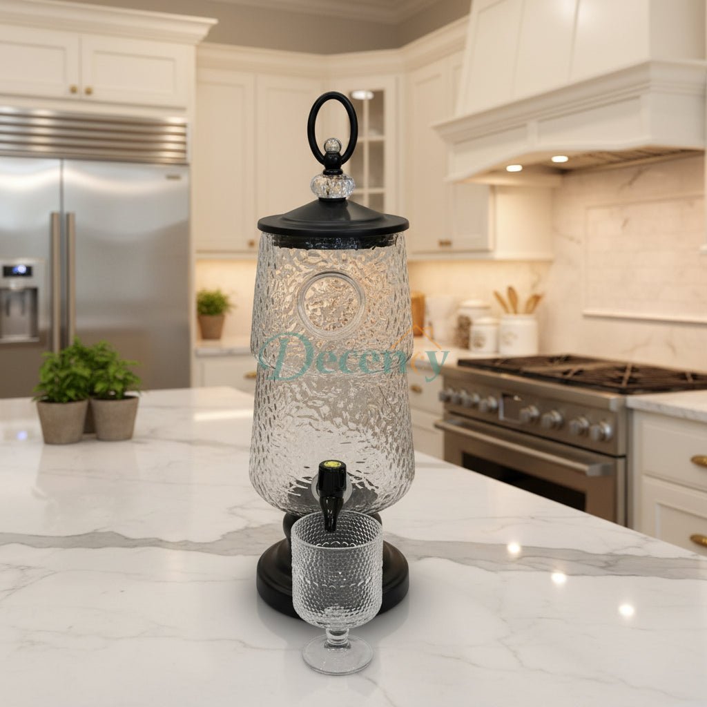 Luxury Glass Beverage Dispenser with 6 Glasses 3 Litre (Black Base & Lid )