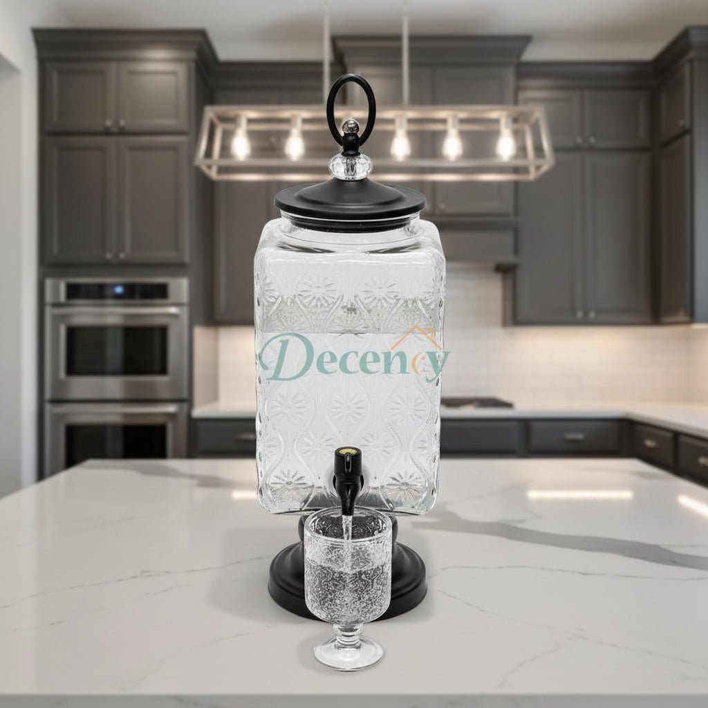 Luxury Glass Beverage Dispenser with 6 Glasses 3 Litre (Black Base & Lid )