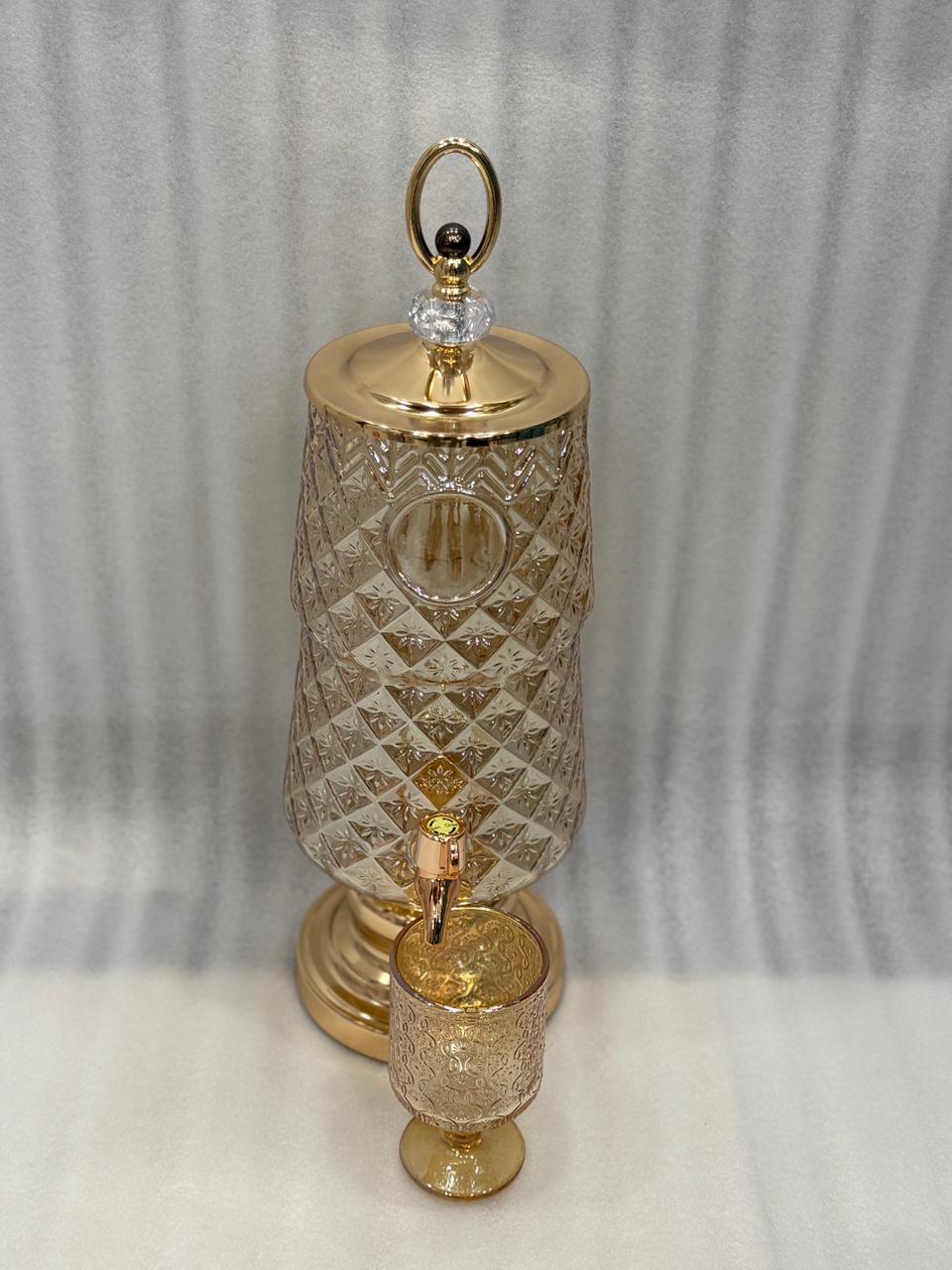 Luxury Glass Beverage Dispenser with 6 Glasses 3 Litre (Golden  Base & Lid )