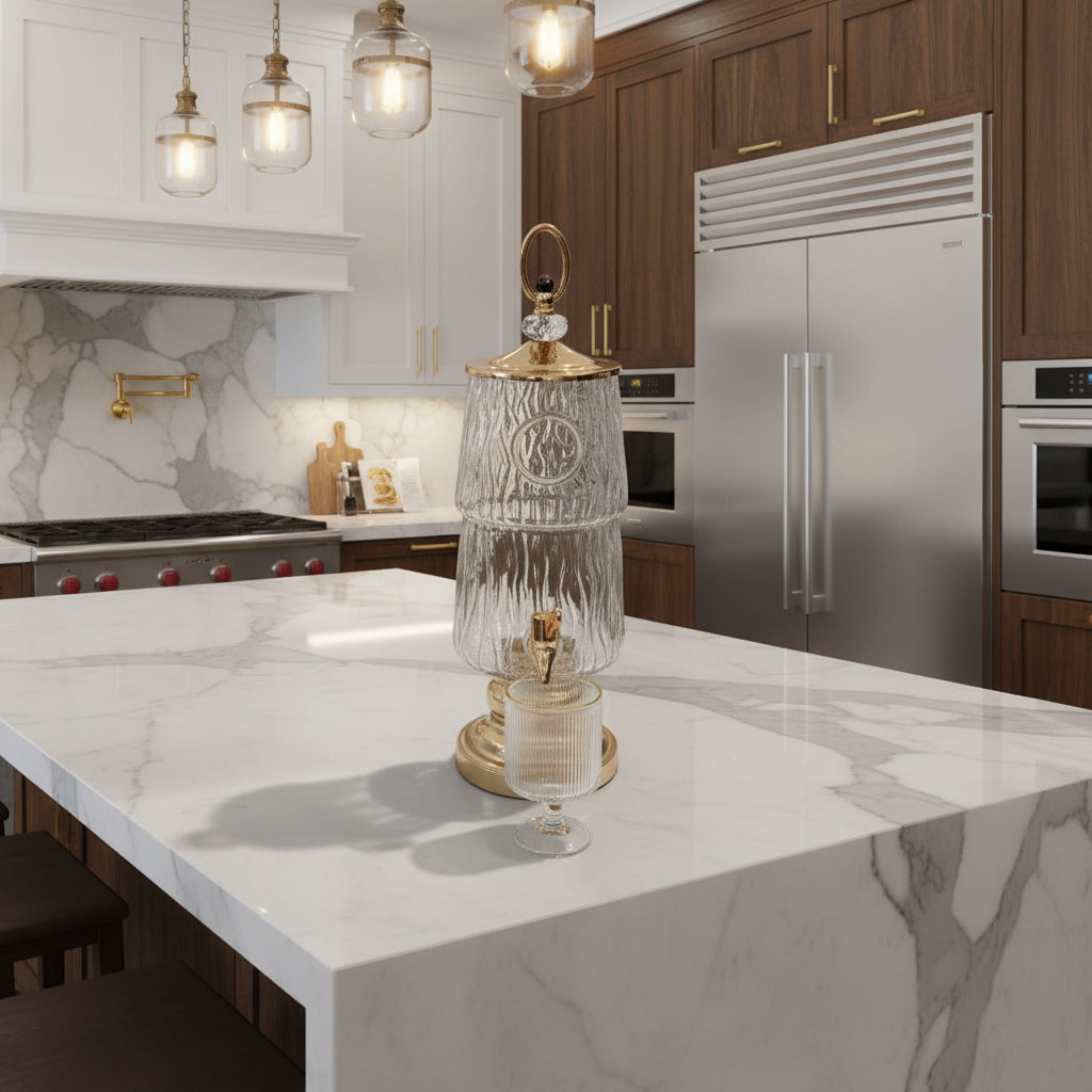 Luxury Glass Beverage Dispenser with 6 Glasses 3 Litre (Golden  Base & Lid )