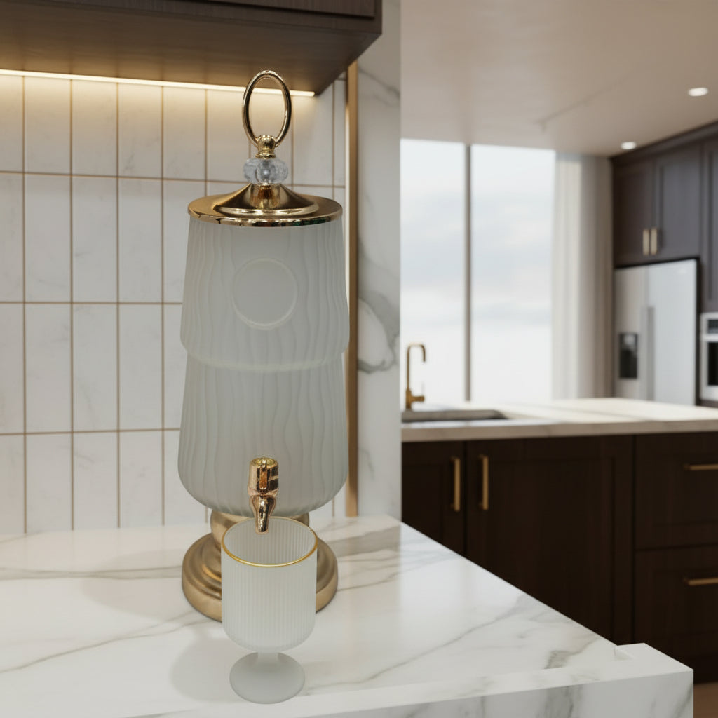 Luxury Glass Beverage Dispenser with 6 Glasses 3 Litre (Golden  Base & Lid )