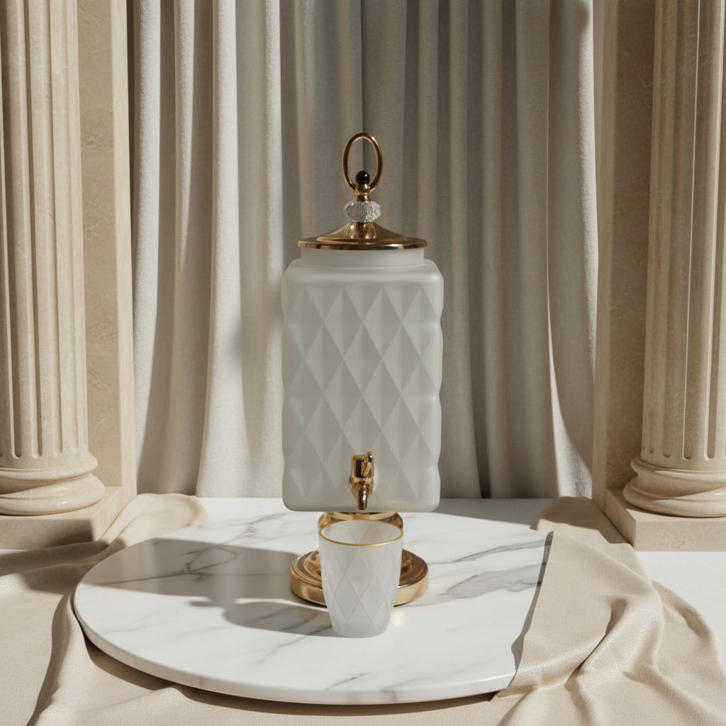 Luxury Glass Beverage Dispenser with 6 Glasses 3 Litre (Golden  Base & Lid )