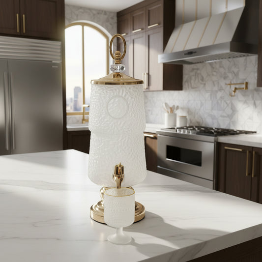 Luxury Glass Beverage Dispenser with 6 Glasses 3 Litre (Golden  Base & Lid )