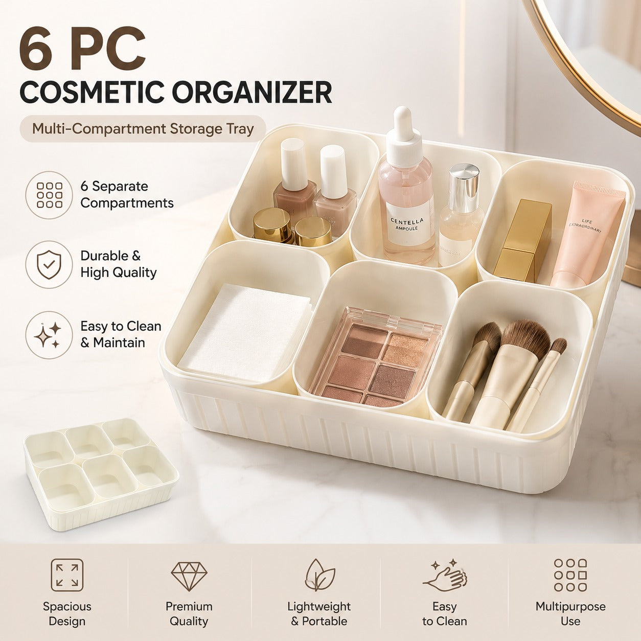 6-Compartment Cosmetic Organizer Tray - Makeup & Skincare Storage Box