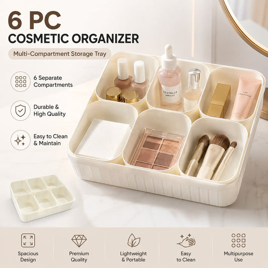 6-Compartment Cosmetic Organizer Tray - Makeup & Skincare Storage Box