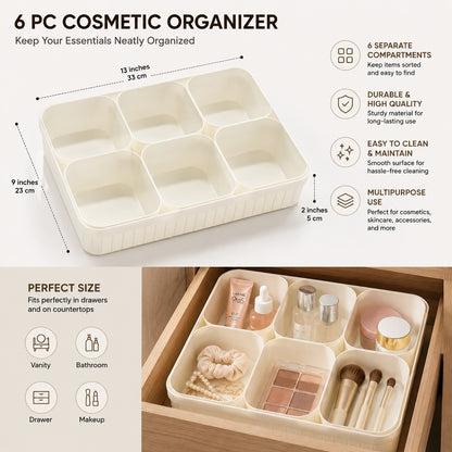 6-Compartment Cosmetic Organizer Tray - Makeup & Skincare Storage Box