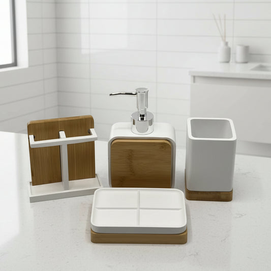 Premium Bamboo & Matte White  Bathroom Set (4-Piece)