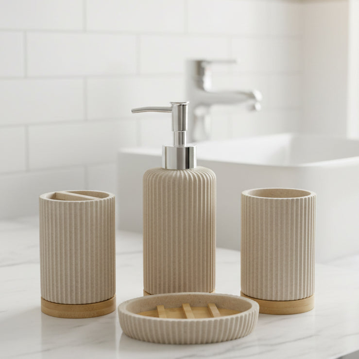 4-Pc Ceramic & Bamboo Bathroom Accessories Set
